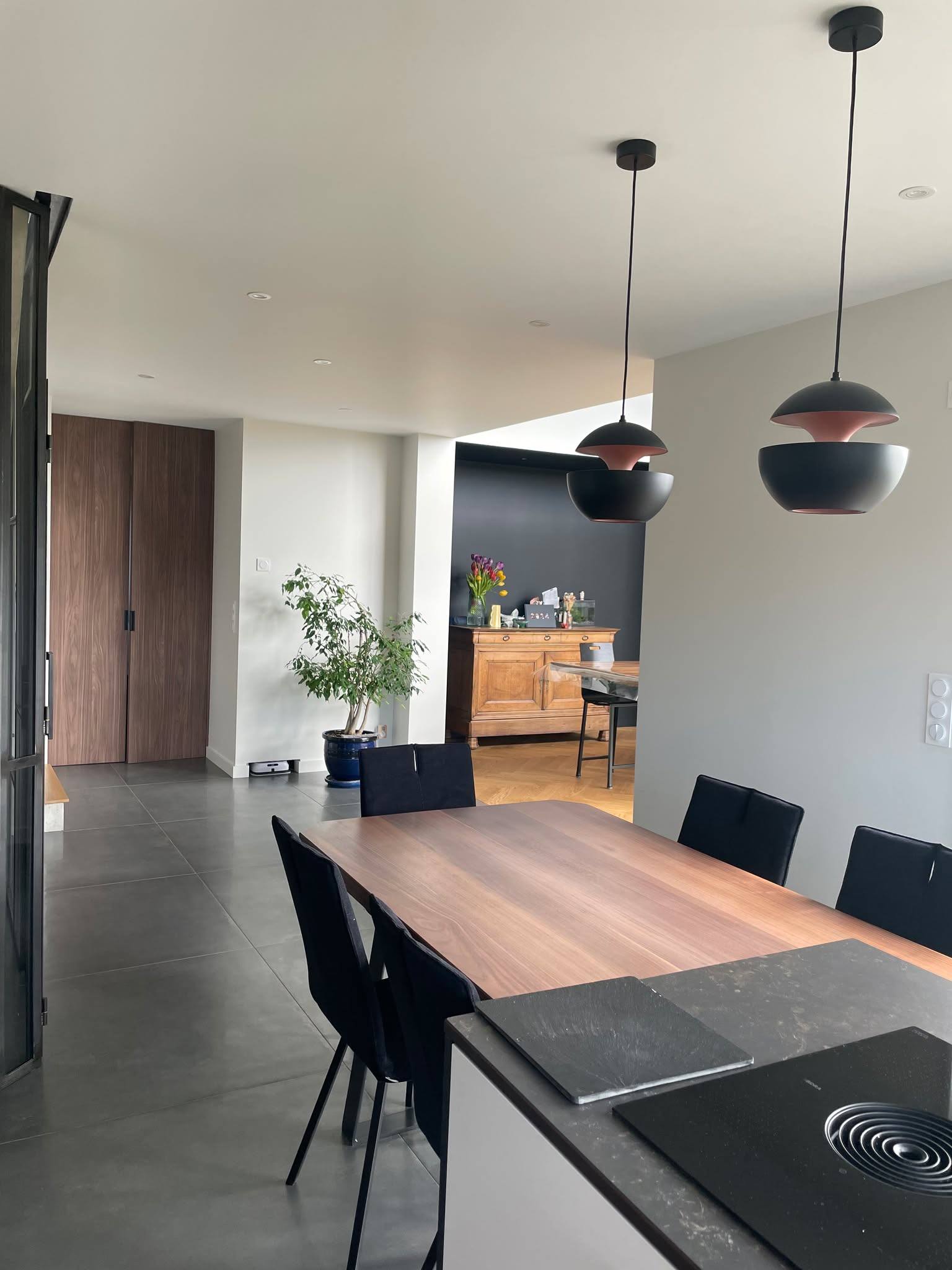 Cuisine ouverte avec plan de travail sombre et îlot, prolongée par la table de salle à manger, maison contemporaine